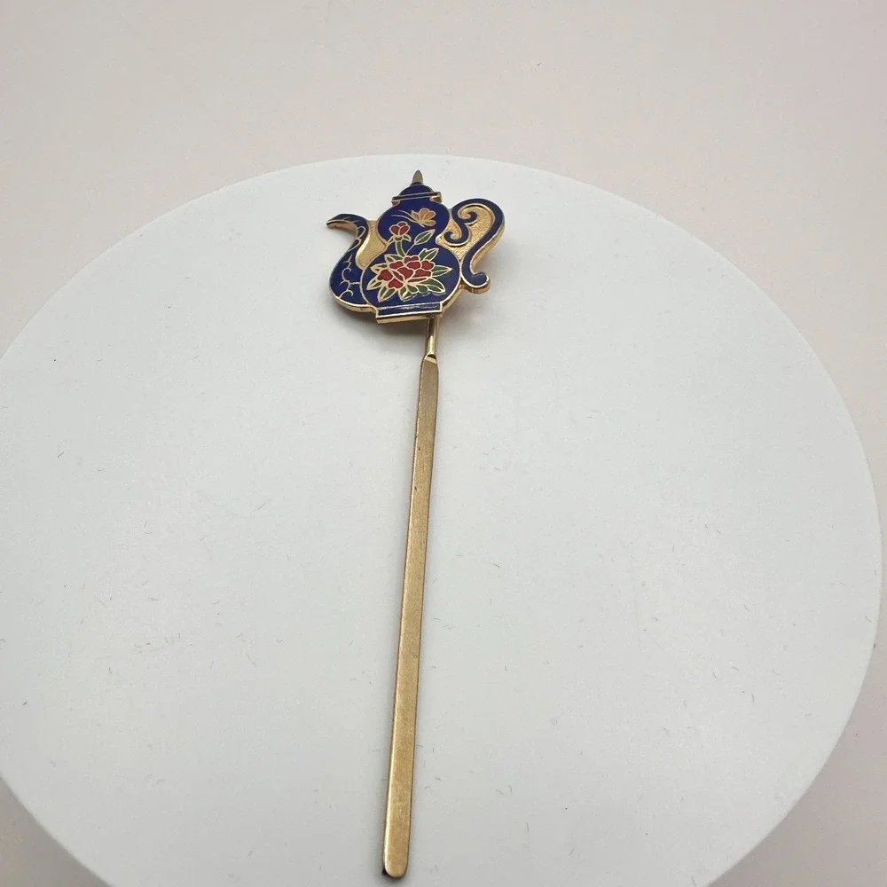 Vintage 90s Cloisonne Teapot‎ Hair Sticks Gold Tone Blue Enamel Women's Jewelry